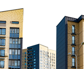 Urban highrise apartment building, multistory condominiums, modern architectural design. Trendy residential flats, new construction project. Investment in high rise real estate, isolated on white.