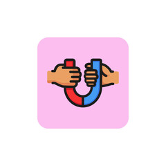 Line icon of two hands holding magnet. Client attraction, customer retention, advertising campaign. Promotion concept. For topics like business, marketing, commerce