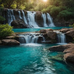 "Celebrate the wonders of summer on the Solstice."Background: Turquoise waterfall cascading into a pool.