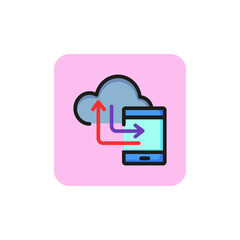 Icon of transferring data to phone. Exchanging data, connection, backup, hosing. Cloud storage concept. Can be used for topics like organizing data, technology, cyberspace