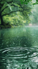 Fototapeta premium Tranquil lake reflecting raindrops amidst lush greenery on a rainy day