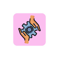 Line icon of two hands holding cogwheel. Cooperation, development, solution. Teamwork concept. For topics like business, engineering, technology