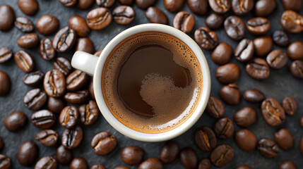 Fototapeta premium a cup of coffee surrounded by coffee beans 