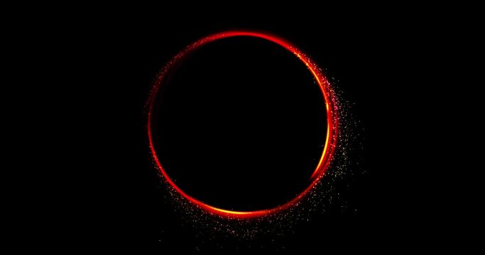 Abstract random flow animation of colorful particles through neon portal. Vibrant hues of red create a dynamic scene, where circle of light bloom and splash in smooth and continuous motion