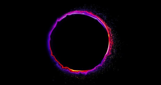 Abstract random flow animation of colorful particles through neon portal. Vibrant hues of purple create a dynamic scene, where circle of light bloom and splash in smooth and continuous motion - Powered by Adobe