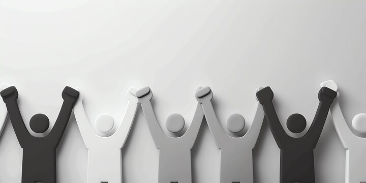 Black and white paper people holding hands in a row on a white background.
