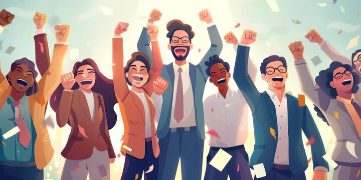 Diverse group of people celebrating a victory with arms in the air