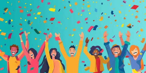 Group of happy people celebrating with confetti falling down.