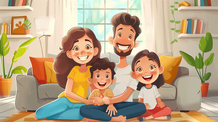 Fototapeta premium cartoon happy family on the floor in living room