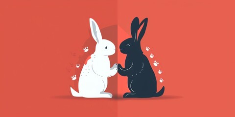 Fototapeta premium Minimalistic vector illustration of two rabbits, one black and one white, holding hands in front of a red background.