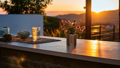 Warm Elegance: A Modern Countertop with Flowers at Golden Hour"