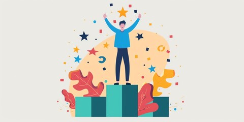 The image shows a person standing on a podium with their arms raised in victory