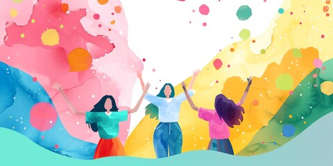 Three happy watercolor women jumping for joy with bright colors