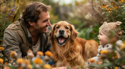 father and young son with golden retriever dog in the park