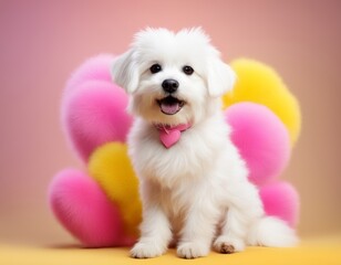 a white fur dog with a pink and yellow ball of yarn, pastel background ,  denoting love and care. 