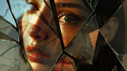 Shattered mirror splits, reflecting fragments of a woman's face in triangles.