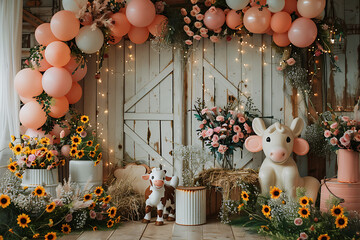 Farm Barn Balloon Arch Digital Backdrop for Child Photography, Photoshop Overlay, Cake Smash, Baby Birthday, and Creative Composite