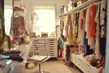 A fashion-obsessed teenager's room filled with chic outfits and accessories   , Ai generated