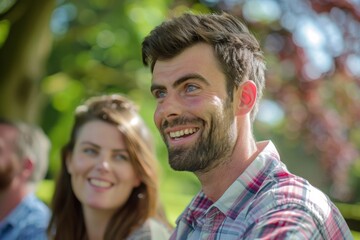 Portrait of a smiling young man with his friends in the background