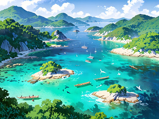 Experience the breathtaking beauty of the Dadohae scenery, with its crystal clear waters and lush green islands, rendered in a dreamy watercolor style."