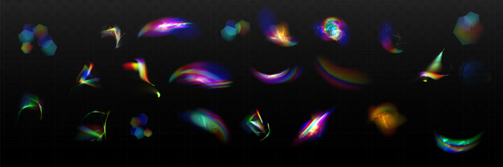 Iridescent crystal leak glare reflection effect. Optical rainbow lights, glare, leak, streak overlay. falling confetti. Vector colorful vector lenses and light flares with transparent effects.