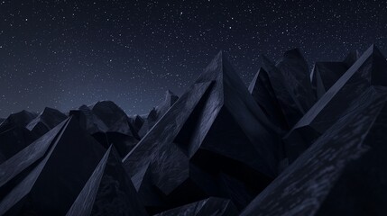 A series of dark, geometric rock formations at night under a clear sky, their sharp angles creating an abstract pattern against the starlit background. 32k, full ultra HD, high resolution