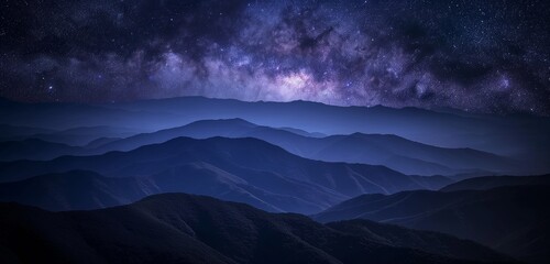 A series of mountain ridges at night, each layer progressively fading into the darkness, under a blanket of stars. 32k, full ultra HD, high resolution