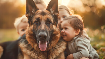 German shepherd dog with four young children in the park 