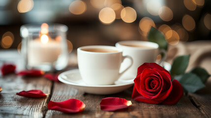 Fototapeta premium two cups of coffee on the table with red roses and candle in the cafe 