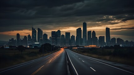 empty asphalt road of a modern city with skyscrapers.generative.ai 