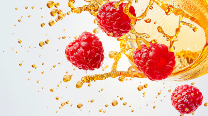 Raspberries flying in water splashes on white background. Forest berry.