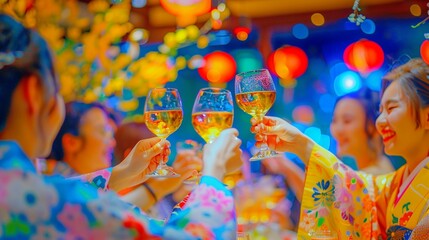 A group of Japanese friends in traditional attire raising glasses in a joyful toast, celebrating friendship and trust