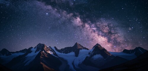 A silent mountain range under a starry sky, with the Milky Way vividly arching over snow-capped peaks, illuminated by moonlight. 32k, full ultra HD, high resolution