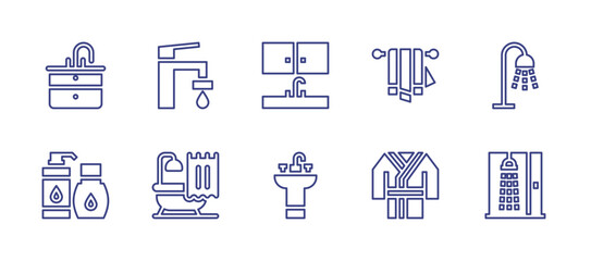 Bathroom line icon set. Editable stroke. Vector illustration. Containing bathtub, sink, towel, tap, cleanser, shower, bathrobe.