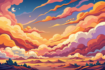 Vector illustration of a sunset over the mountains