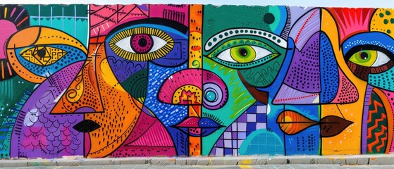 Obraz premium A vibrant abstract mural depicting colorful and expressive faces with geometric patterns. 