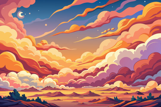 Vector illustration of a sunset over the mountains