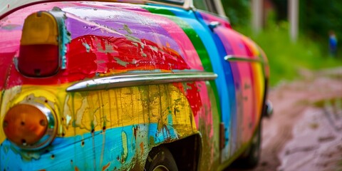 The nostalgia new pride month travel concept colorful paint rainbow stripes in vintage car in vocation background 