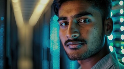 The close up picture of the IT specialist man from south asia is looking at camera and working in the server room, the IT specialist require skill like technology knowledge and data analysis. AIG43.tt