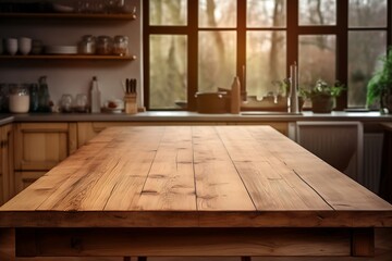 Wooden kitchen interior with a view of the mountains.