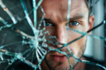 A handsome man looking through a broken glass, studio photography style on a clean background 