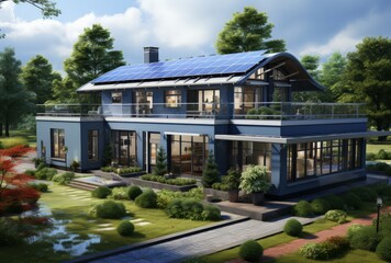Modern Three-Story House with Solar Panels and Lush Garden