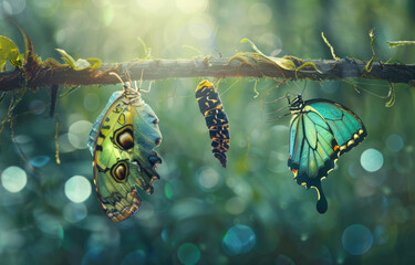 A butterfly in the stages of emerging from its chrysalis, symbolizing growth and transformation.