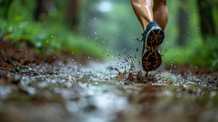 Runner splashing through muddy trail in forest during rainy day close-up of running shoes