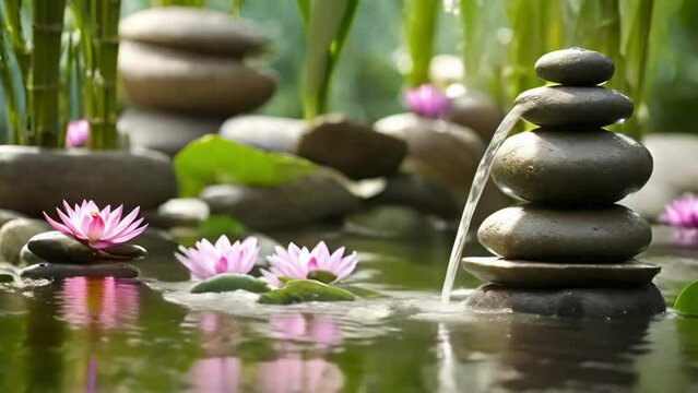 waterfall and spa stones balance on calm water, claming spa videos, calming ambient videos, relaxing videos, seamless looping 4k videos, youtube, stock videos, asmr videos, calming nature videos, ai	