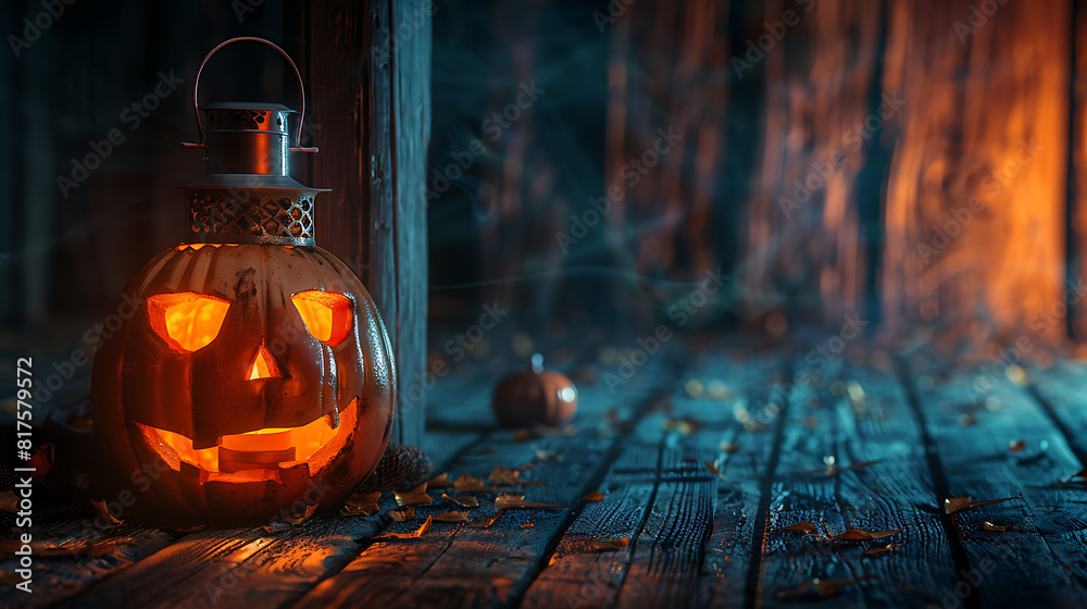 Wall mural pumpkin lantern isolated on dark wooden background. halloween banner copy space - Wall murals