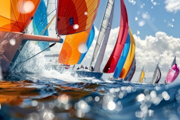 A group of sailboats fiercely racing in the ocean, colorful sails billowing in the wind