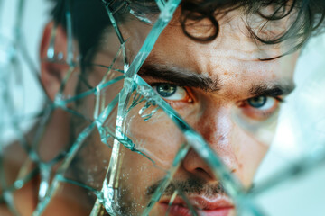 A handsome man looking through a broken glass, studio photography style on a clean background 