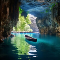 Fototapeta premium Fisherman boat on the emerald clear water of the lake.