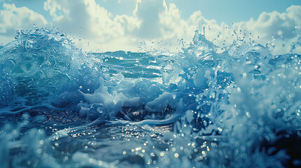 Hyperrealistic ocean wave crashing against rocks, water droplets in mid-air, high shutter speed, deep blues, natural light